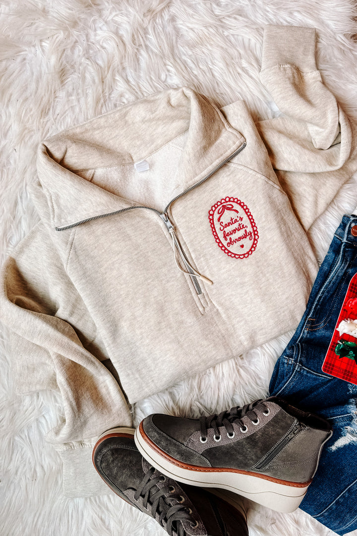 Santa's Favorite, Obviously Embroidered Half Zip - Oatmeal Heather