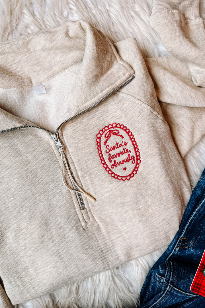 Santa's Favorite, Obviously Embroidered Half Zip - Oatmeal Heather