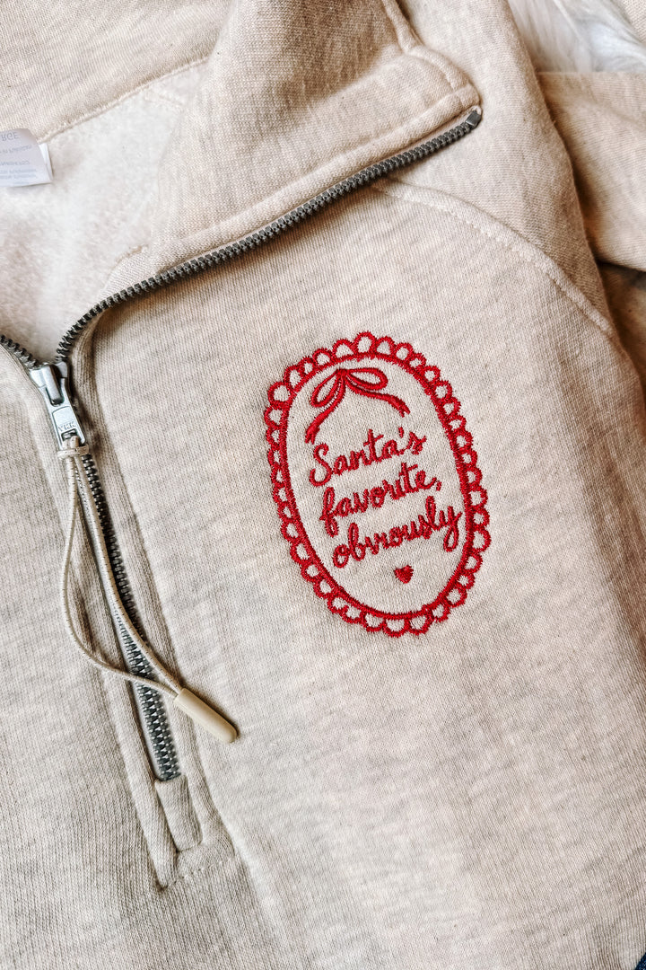 Santa's Favorite, Obviously Embroidered Half Zip - Oatmeal Heather