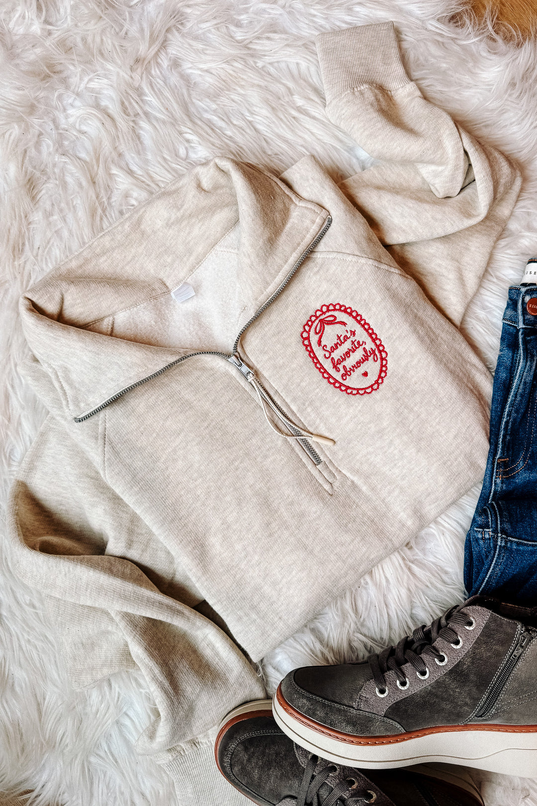 Santa's Favorite, Obviously Embroidered Half Zip - Oatmeal Heather