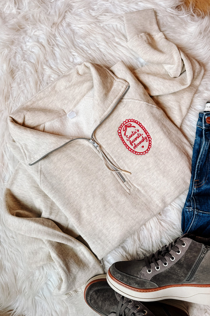 Santa's Favorite, Obviously Embroidered Half Zip - Oatmeal Heather