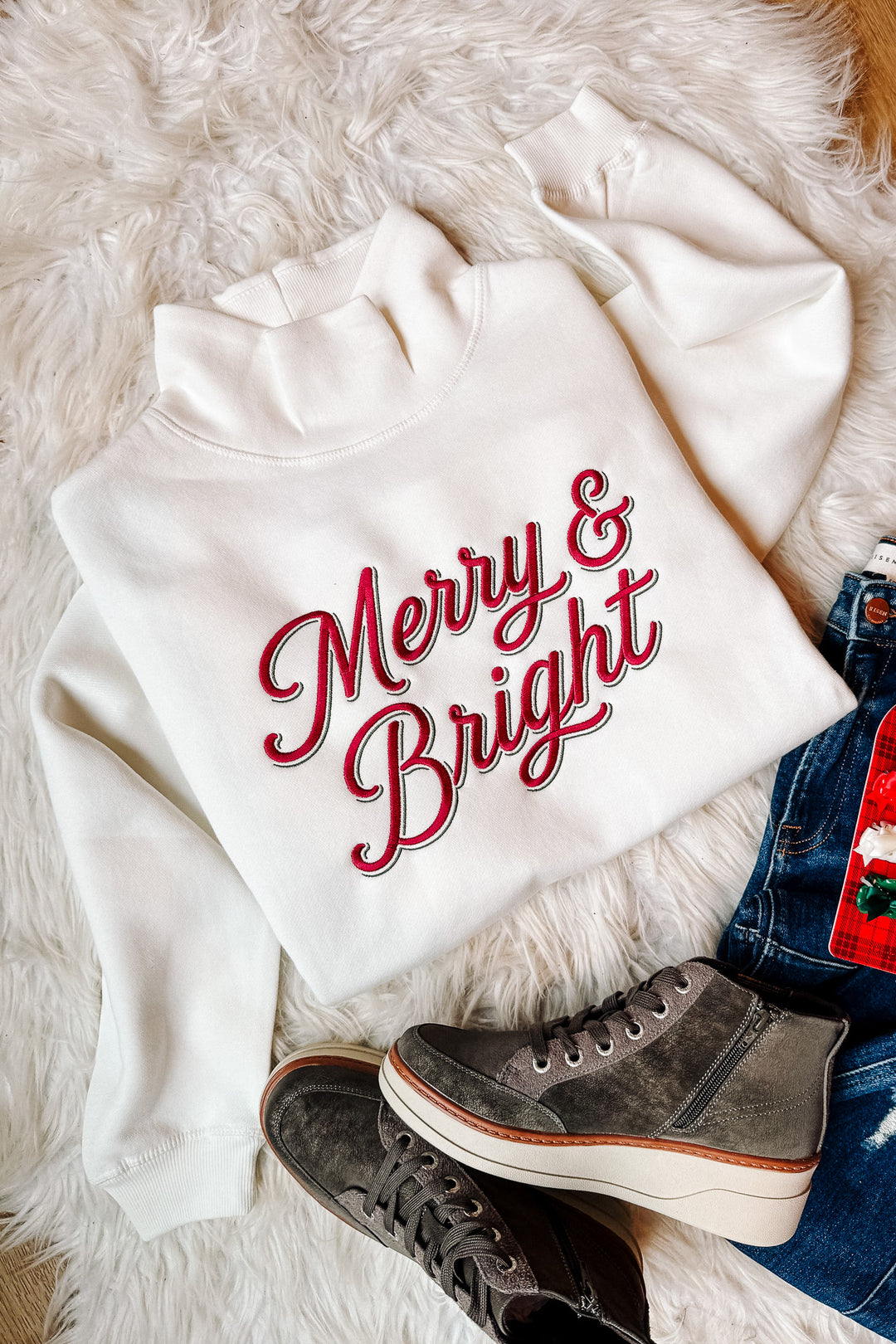 Merry & Bright Double Line Embroidery Mockneck Sweatshirt - Cream