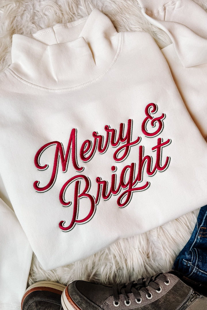 Merry & Bright Double Line Embroidery Mockneck Sweatshirt - Cream