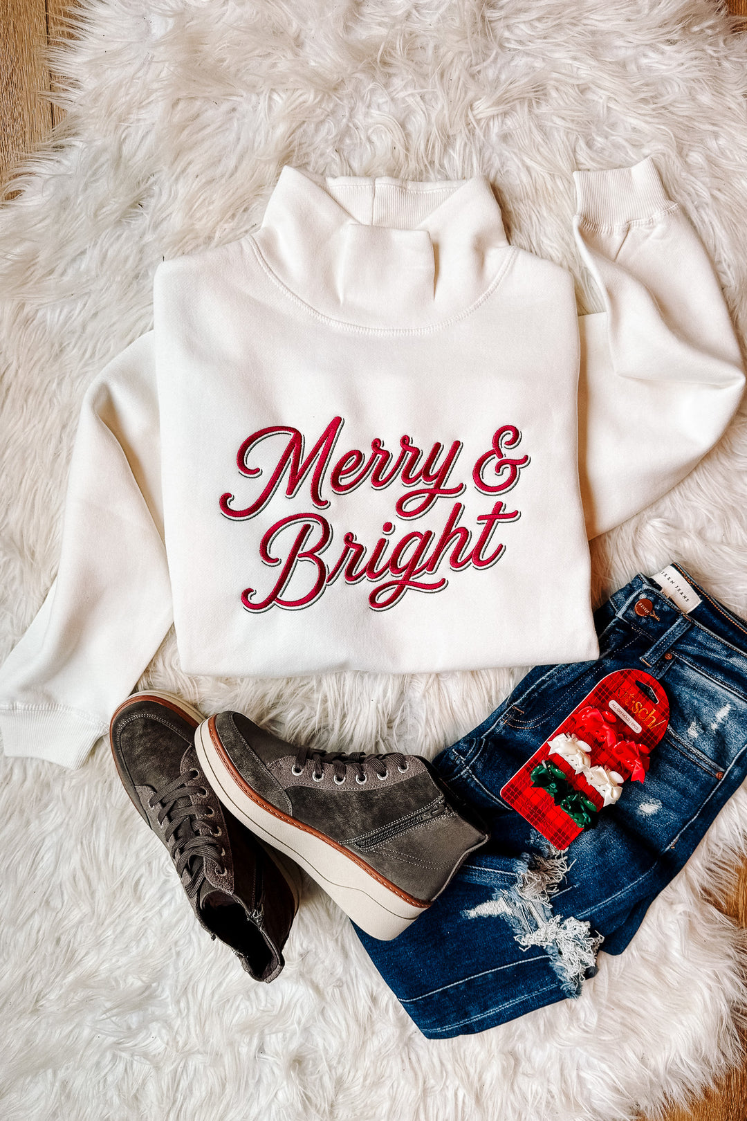 Merry & Bright Double Line Embroidery Mockneck Sweatshirt - Cream