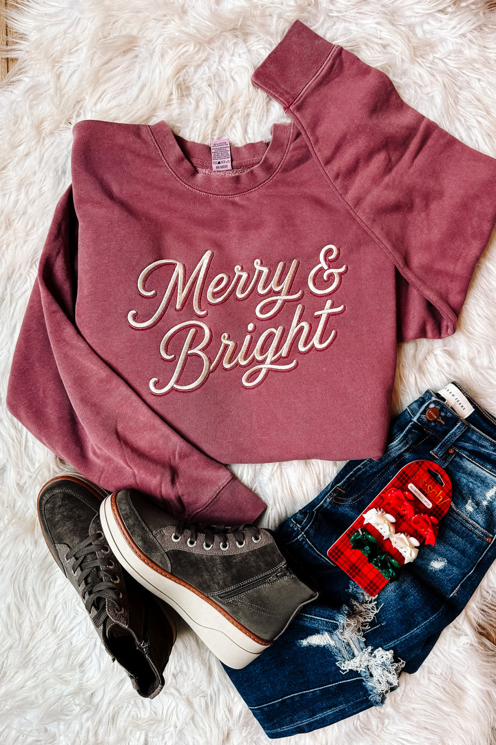 Merry & Bright Double Line Sweatshirt - Pigment Maroon
