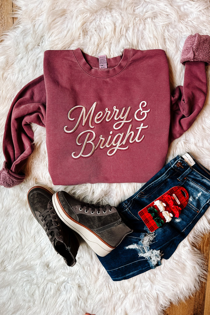 Merry & Bright Double Line Sweatshirt - Pigment Maroon
