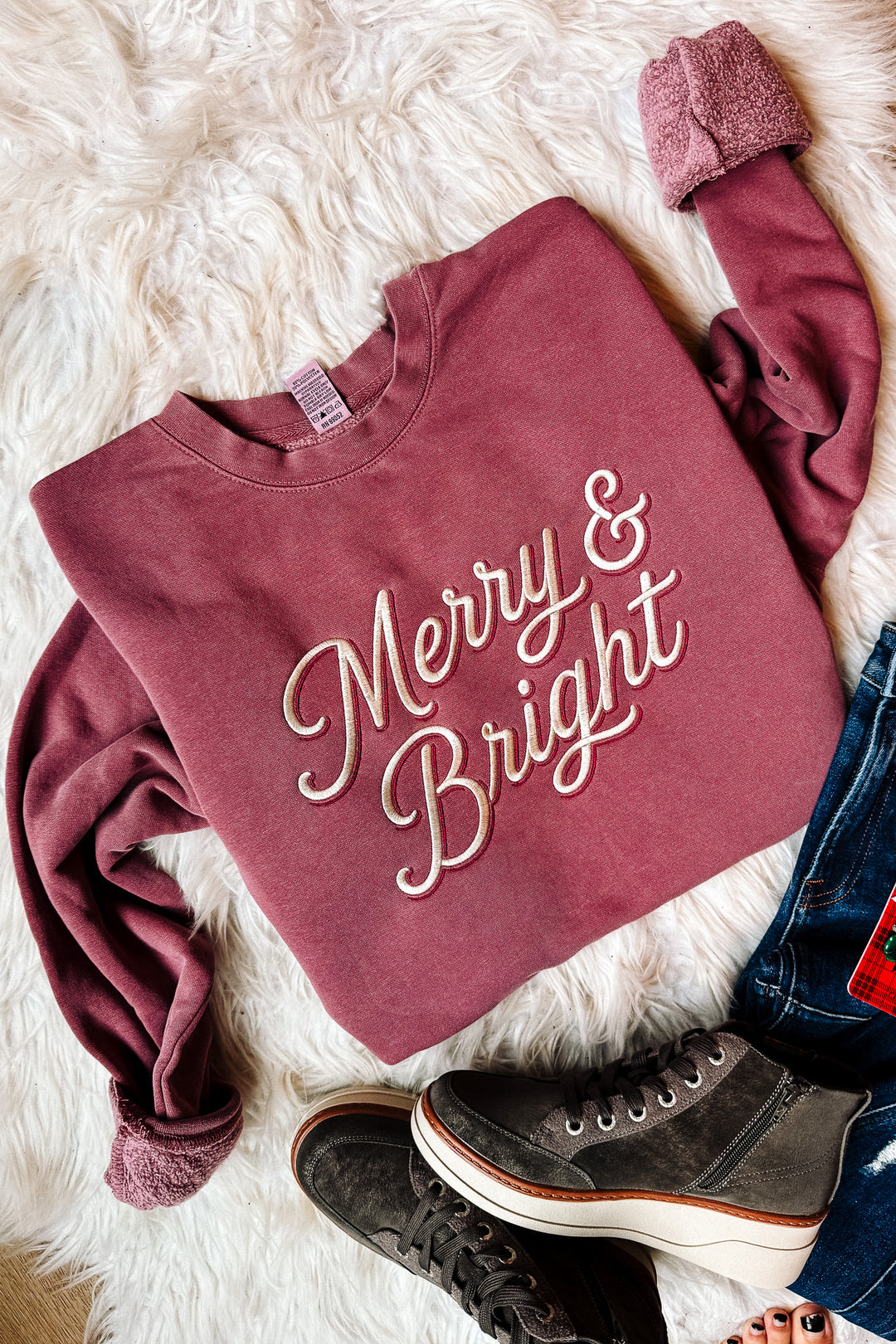 Merry & Bright Double Line Sweatshirt - Pigment Maroon