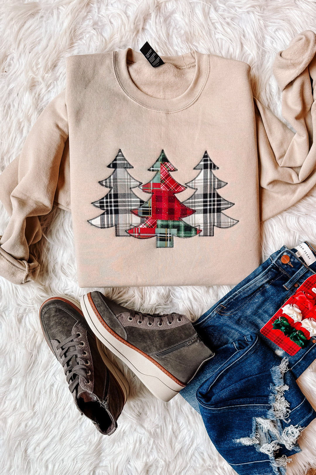 Tree Trio Applique Embroidered Crewneck Sweatshirt - Light Sand
