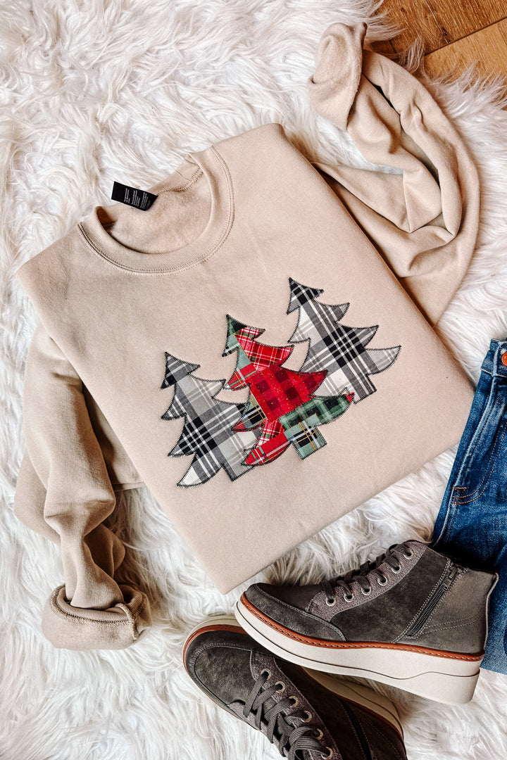 Tree Trio Applique Embroidered Crewneck Sweatshirt - Light Sand