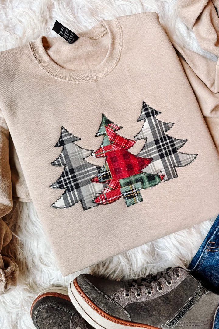 Tree Trio Applique Embroidered Crewneck Sweatshirt - Light Sand