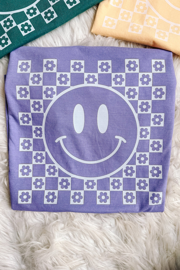Checkered Flower Happy Face Graphic Tee - Multiple Colors