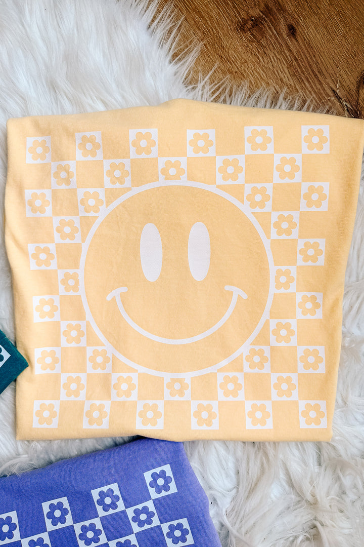 Checkered Flower Happy Face Graphic Tee - Multiple Colors