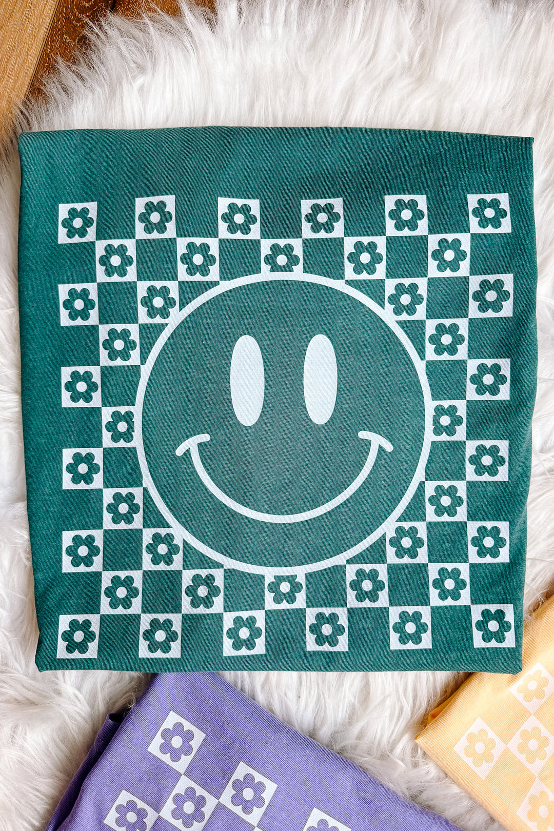 Checkered Flower Happy Face Graphic Tee - Multiple Colors