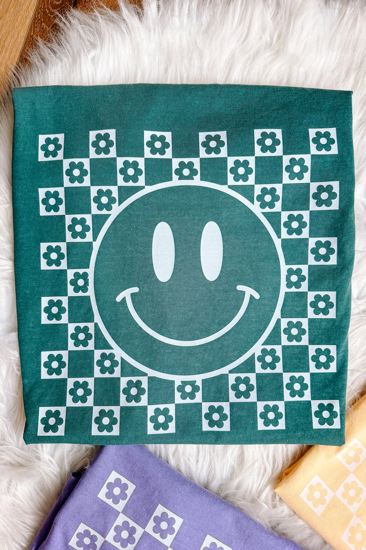 Checkered Flower Happy Face Graphic Tee - Multiple Colors