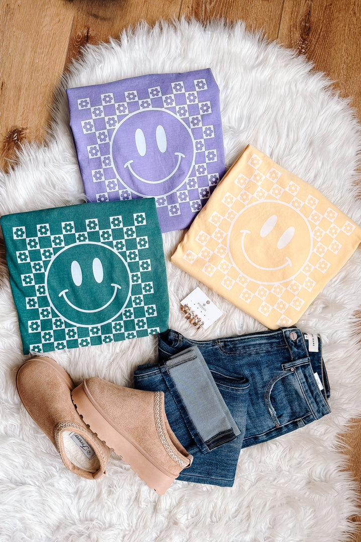 Checkered Flower Happy Face Graphic Tee - Multiple Colors