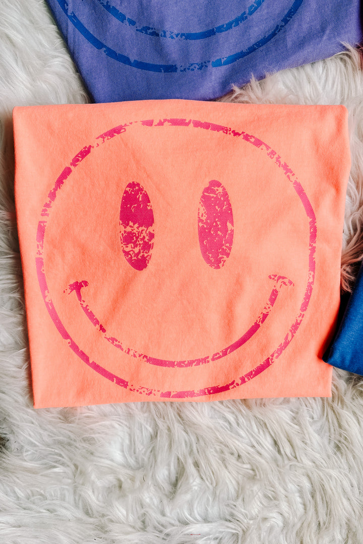 Colorful Distressed Happy Faces Graphic Tee - Multiple Color