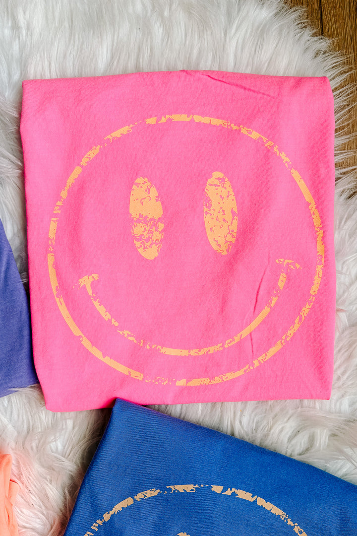 Colorful Distressed Happy Faces Graphic Tee - Multiple Color