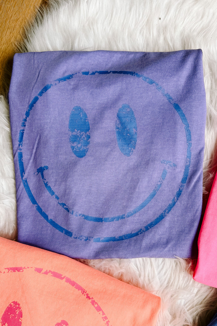 Colorful Distressed Happy Faces Graphic Tee - Multiple Color