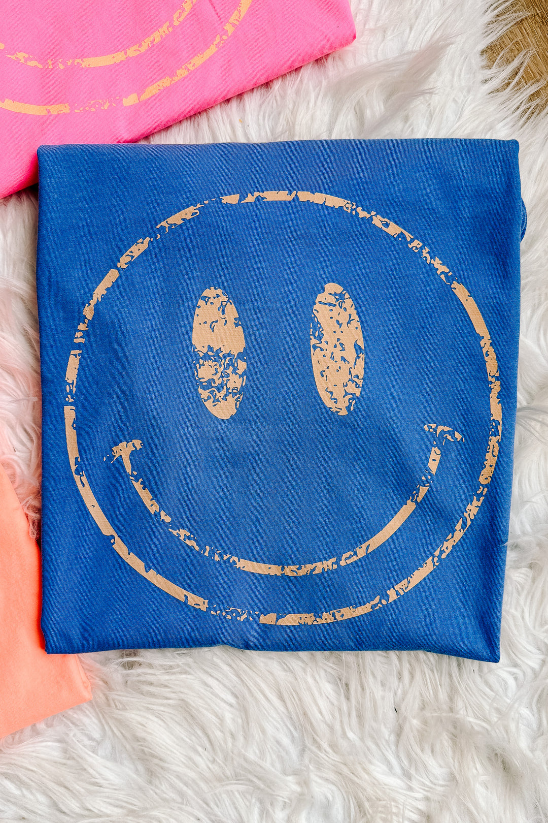 Colorful Distressed Happy Faces Graphic Tee - Multiple Color