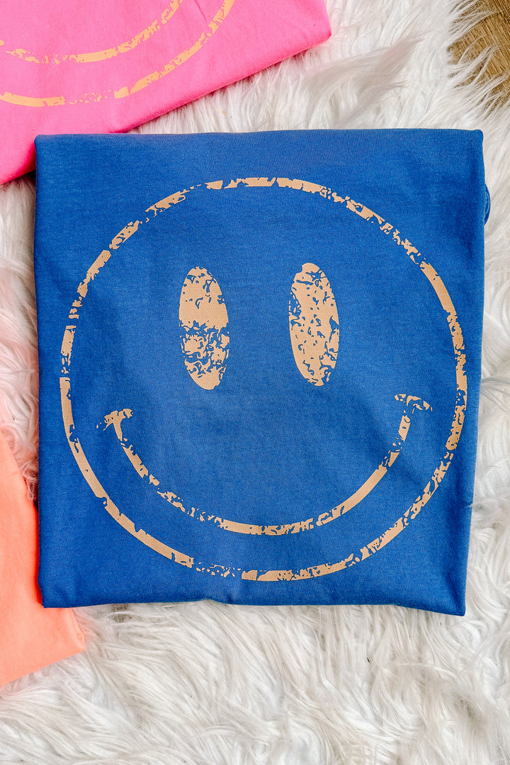 Colorful Distressed Happy Faces Graphic Tee - Multiple Color