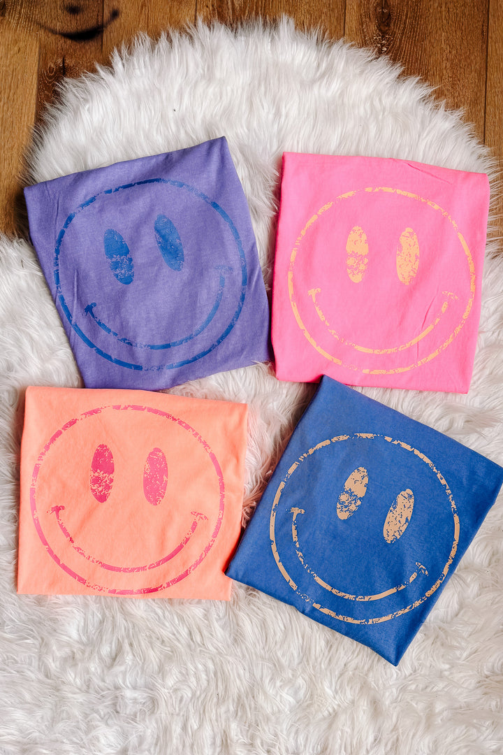 Colorful Distressed Happy Faces Graphic Tee - Multiple Color