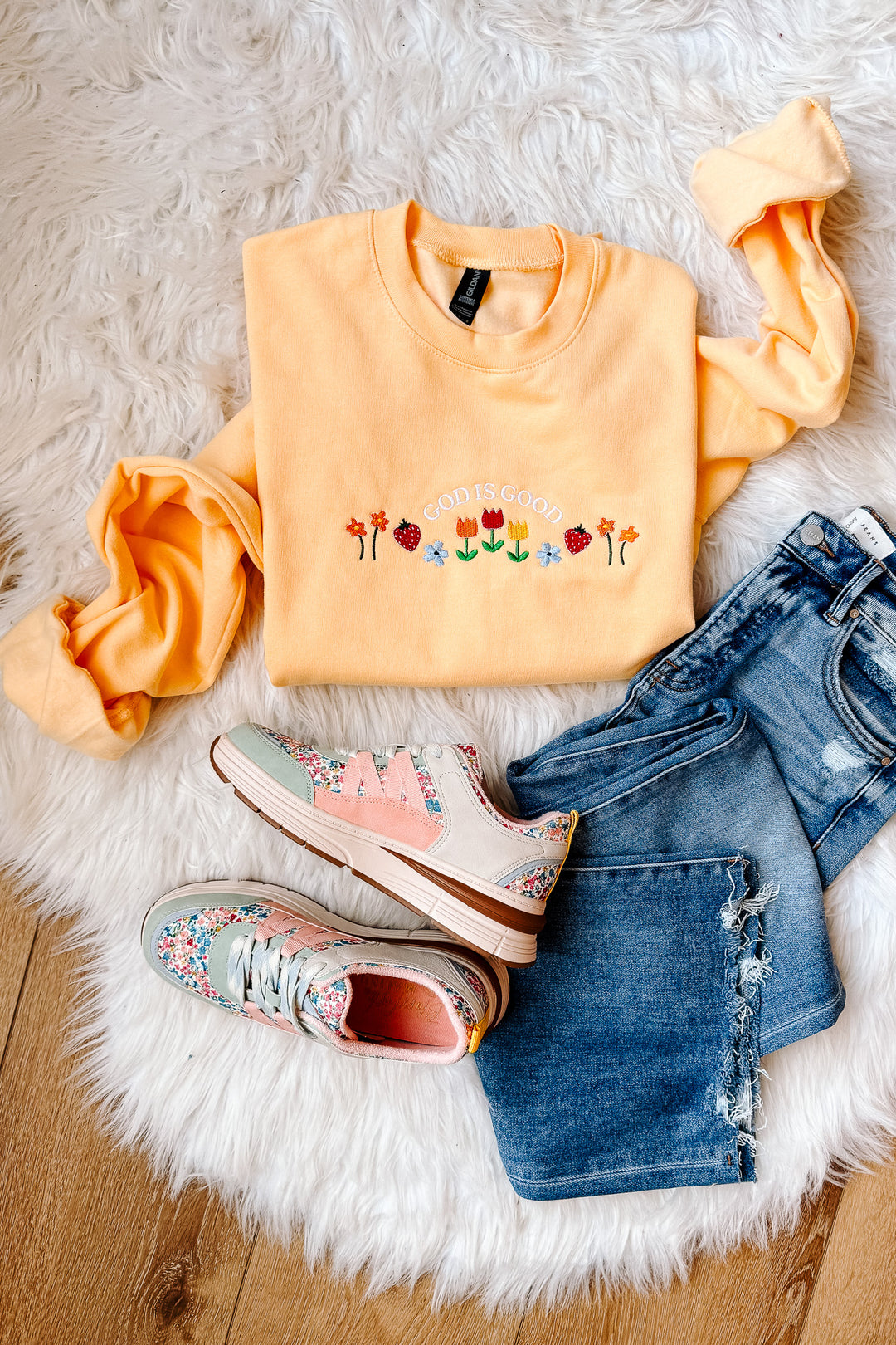 Flowers & Fruit God Is Good Embroidered Sweatshirt - Yellow Haze