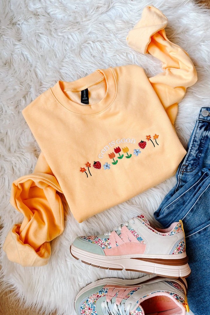 Flowers & Fruit God Is Good Embroidered Sweatshirt - Yellow Haze