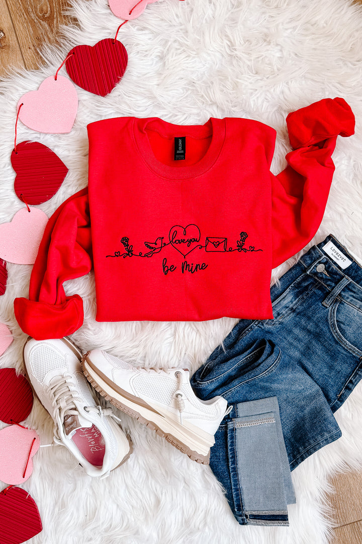 Be Mine Embroidered Line Art Graphic Sweatshirt - Red