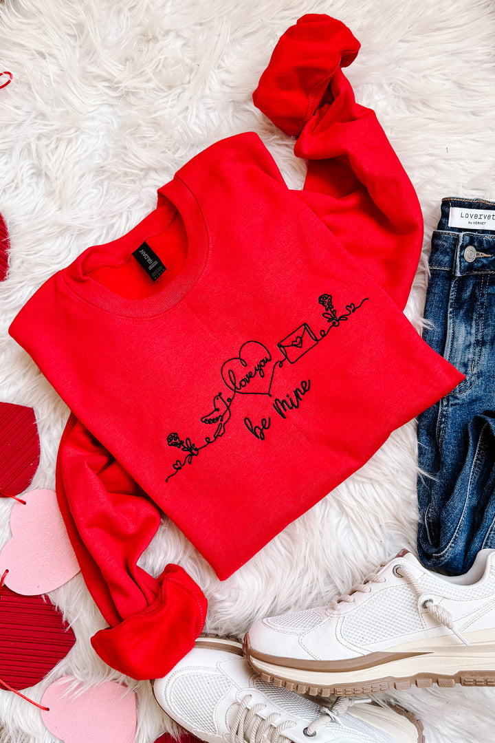 Be Mine Embroidered Line Art Graphic Sweatshirt - Red