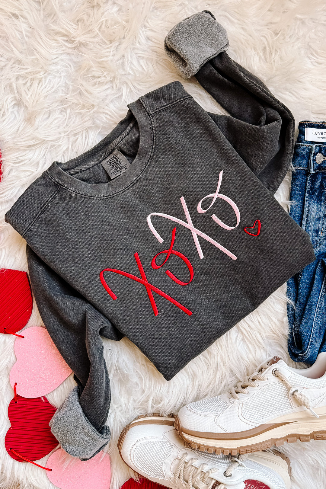 Two Tone XOXO Embroidered Sweatshirt - Pepper