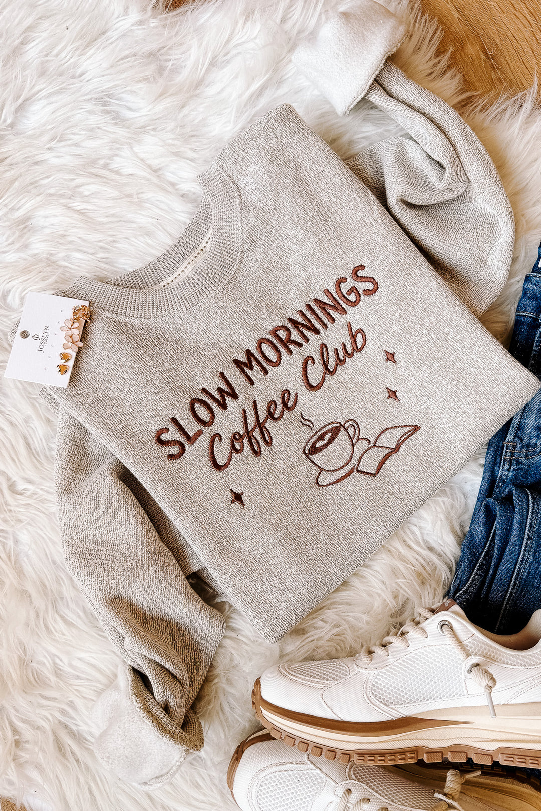Slow Mornings Coffee Club Embroidered Sweatshirt - Latte