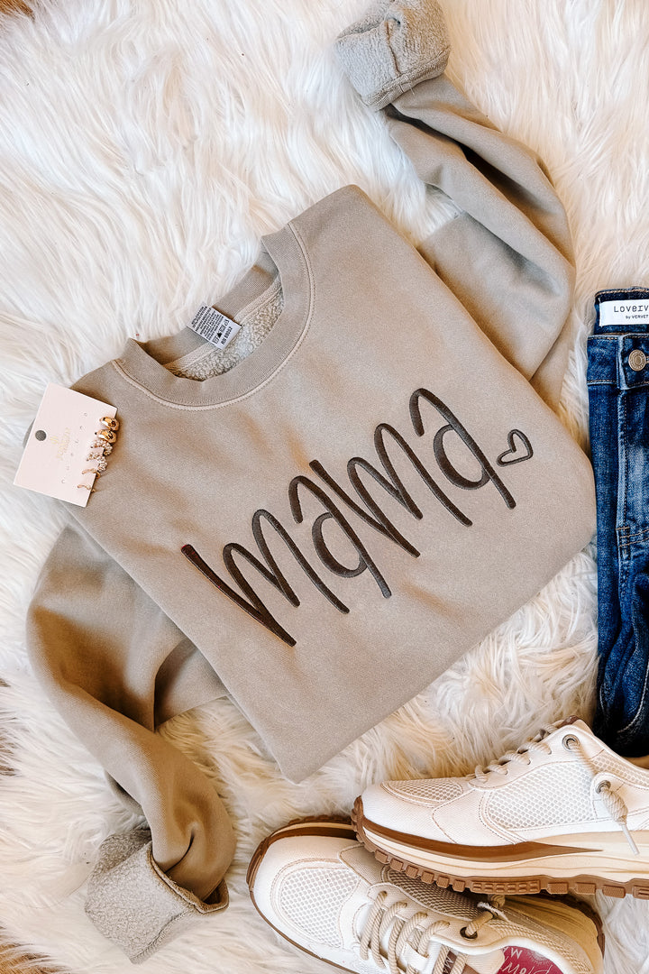 MAMA Heart Embroidered Sweatshirt - Cement