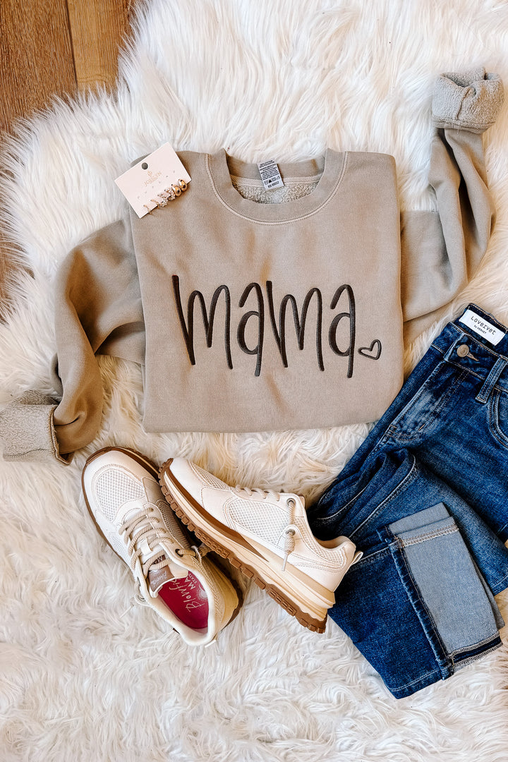 MAMA Heart Embroidered Sweatshirt - Cement