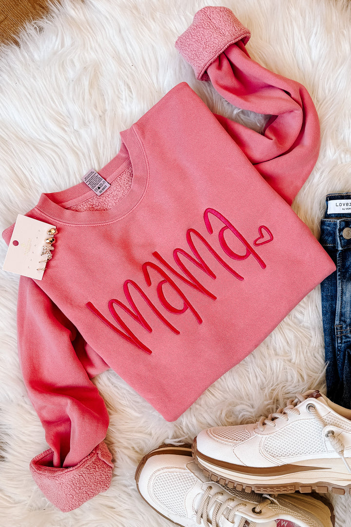 MAMA Heart Embroidered Sweatshirt - Pink