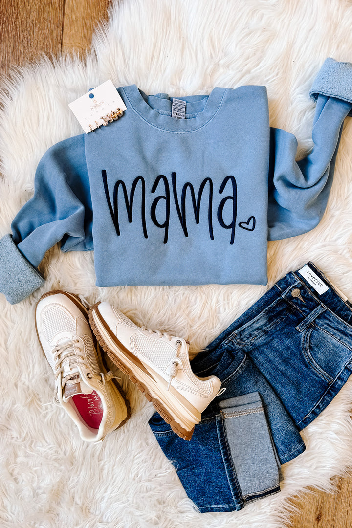 MAMA Heart Embroidered Sweatshirt - Light Blue