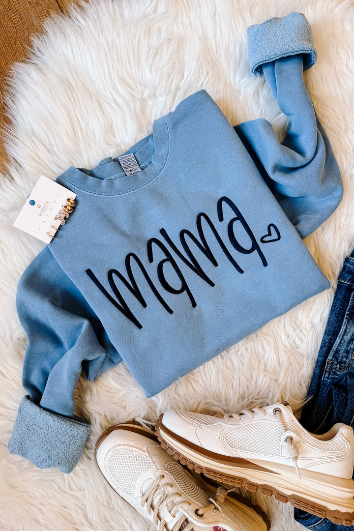 MAMA Heart Embroidered Sweatshirt - Light Blue