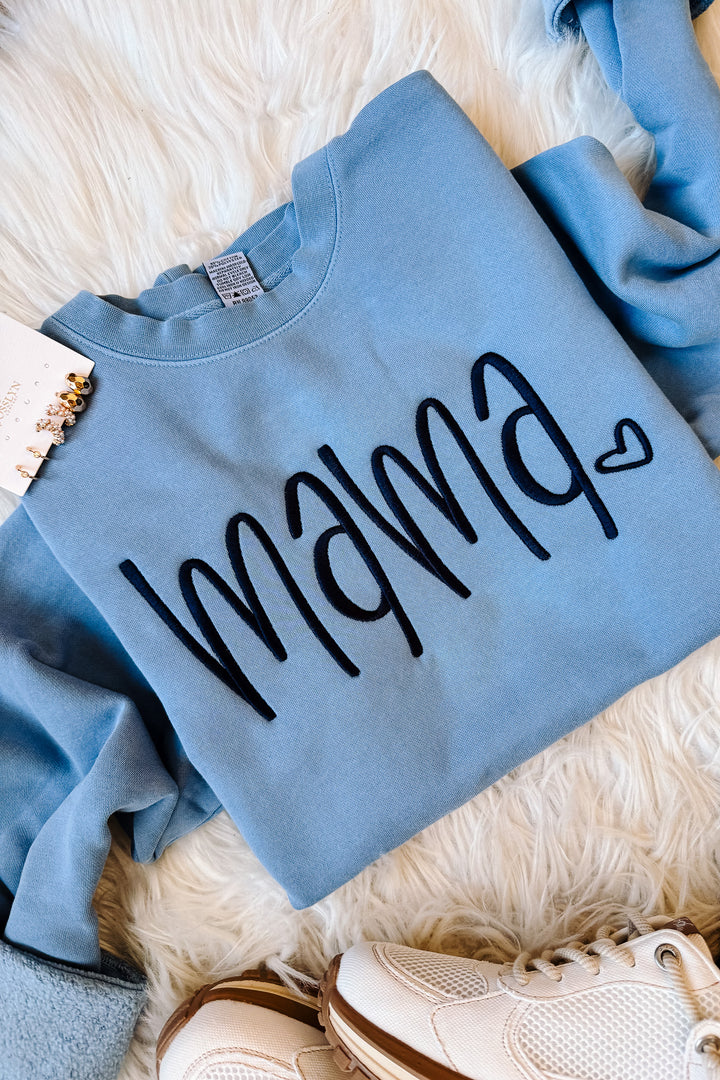 MAMA Heart Embroidered Sweatshirt - Light Blue
