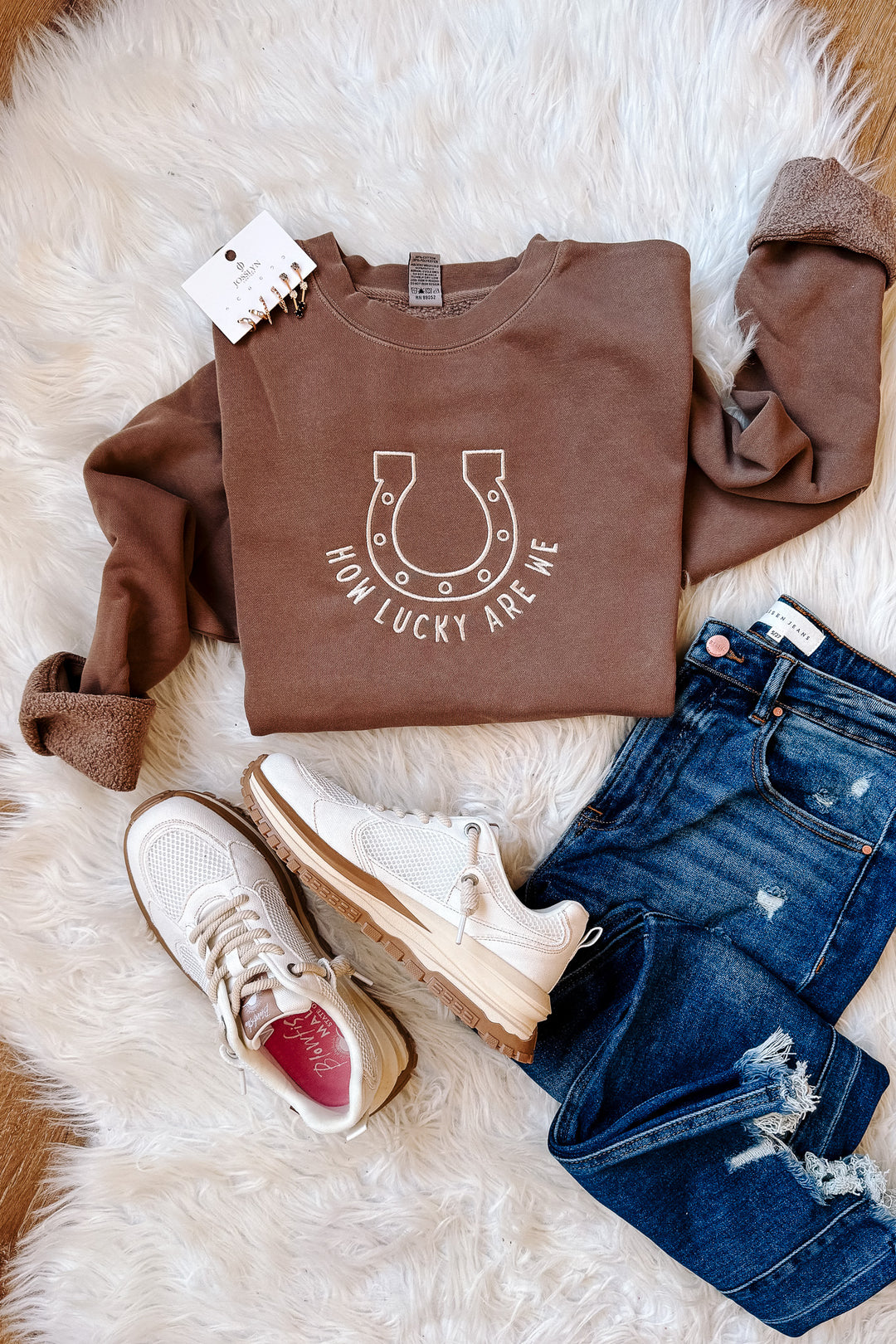 How Lucky Are We Embroidered Sweatshirt - Pigment Clay