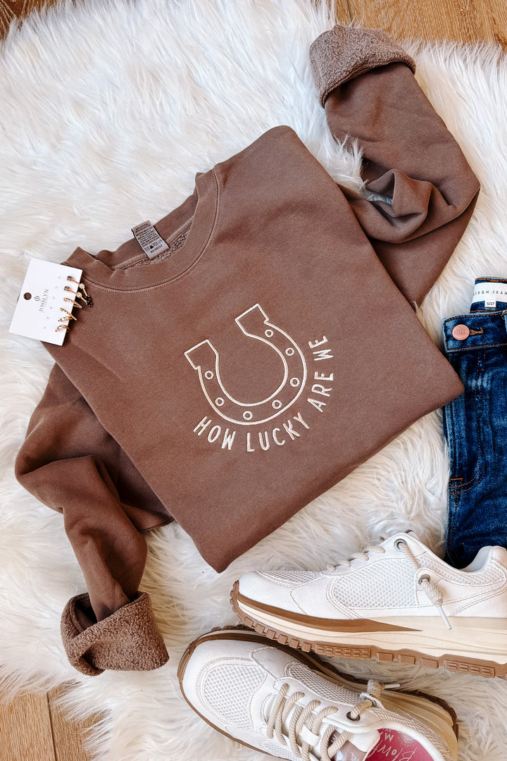 How Lucky Are We Embroidered Sweatshirt - Pigment Clay