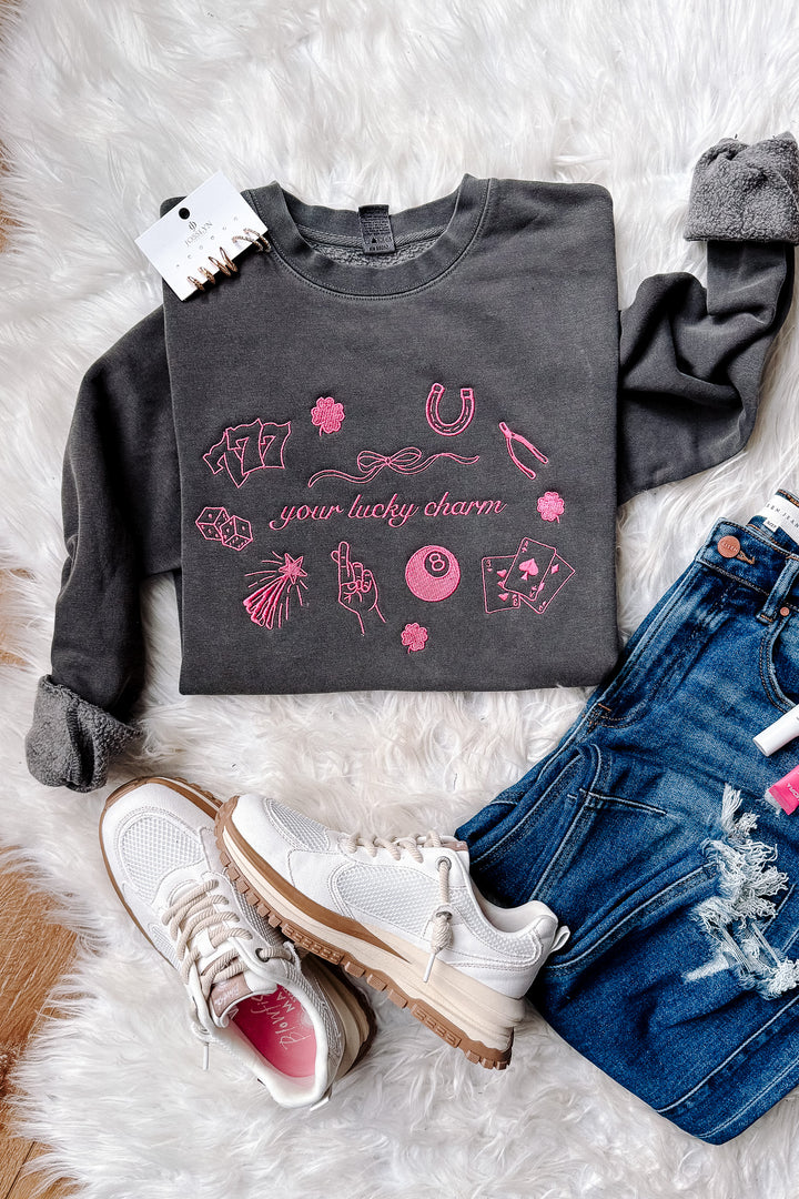 Pink Your Lucky Charm Embroidered Sweatshirt - Pigment Black