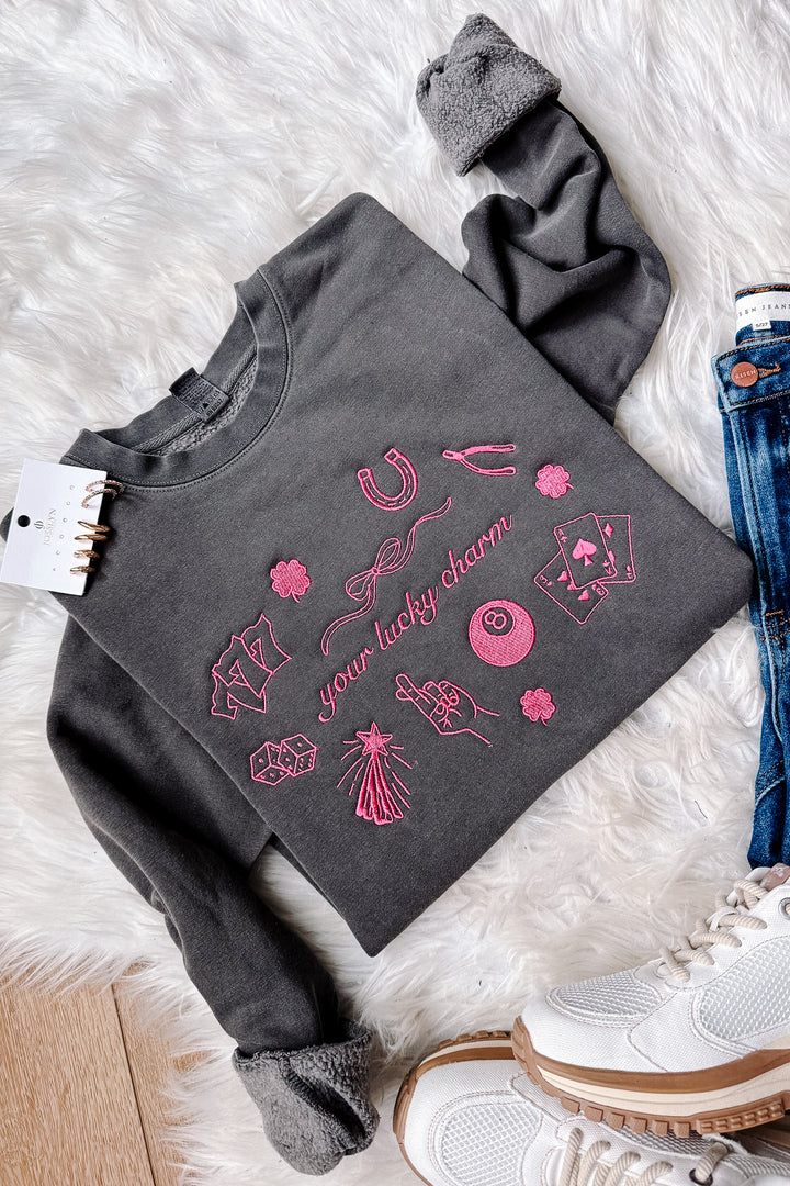 Pink Your Lucky Charm Embroidered Sweatshirt - Pigment Black
