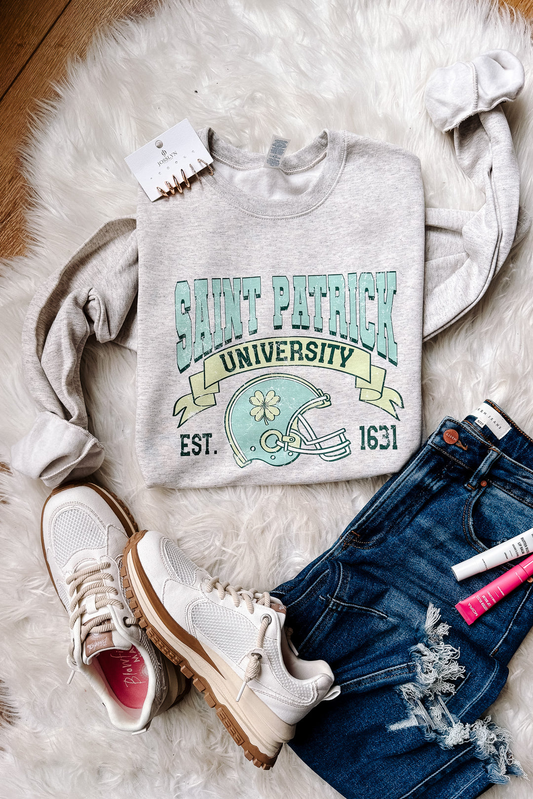Football Helmet St. Patrick University Graphic Sweatshirt - Oatmeal Heather