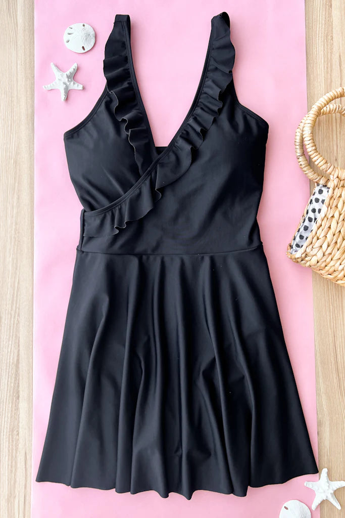 *PRE-ORDER* Off To The Coast Ruffle Swim Dress - Black