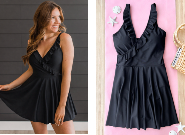 *PRE-ORDER* Off To The Coast Ruffle Swim Dress - Black