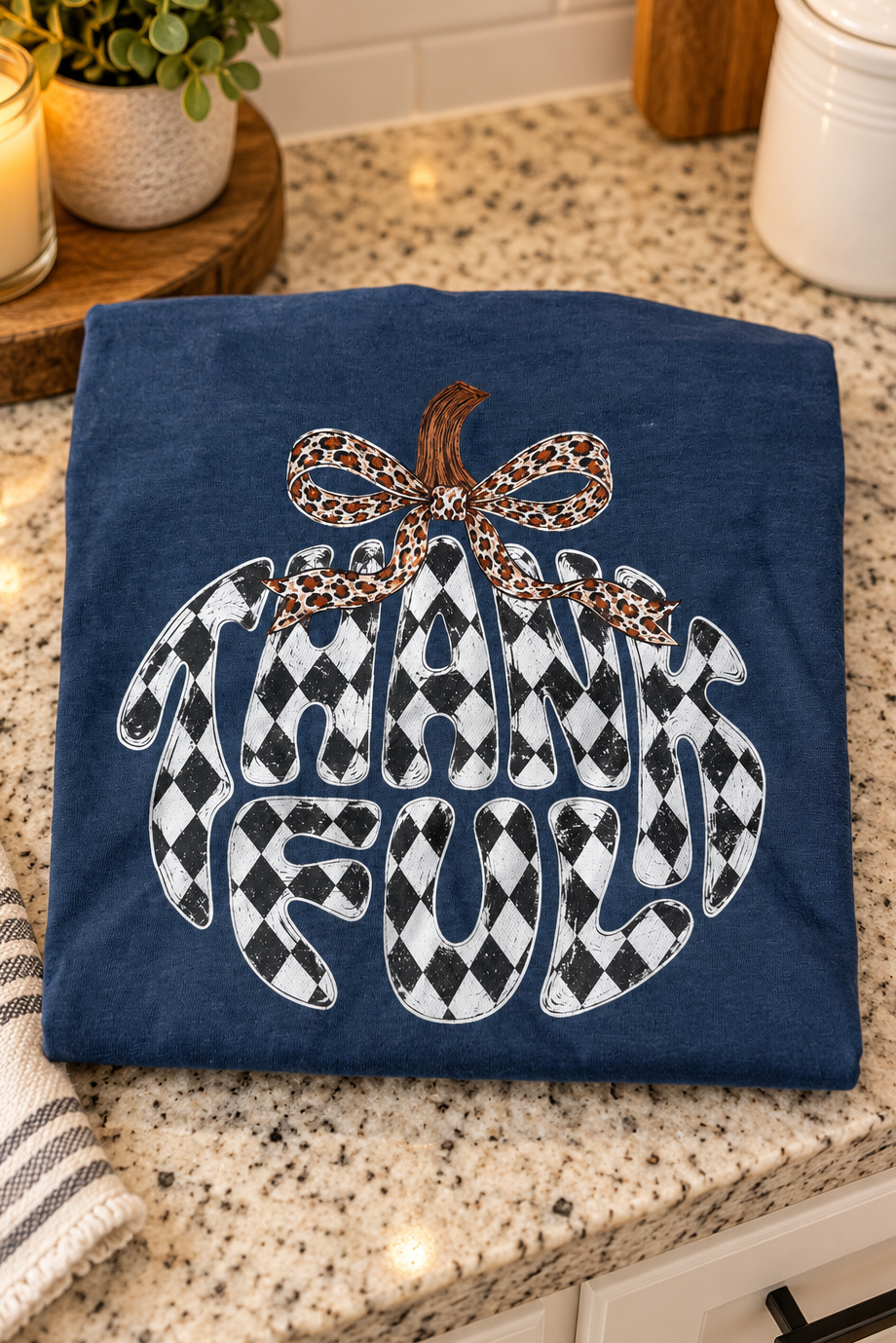 Thankful Checkered Pumpkin Graphic Tee - Denim