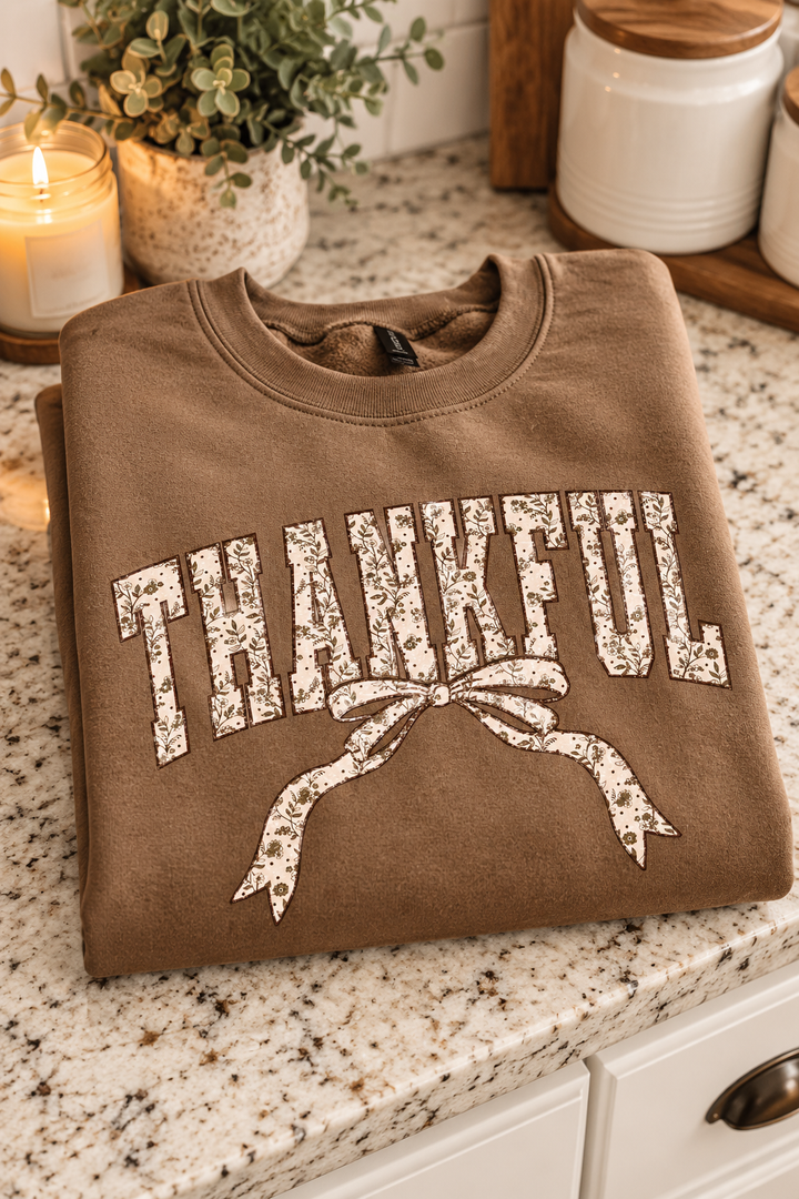 Thankful Floral Bow Crewneck Graphic Sweatshirt - Woodland Brown