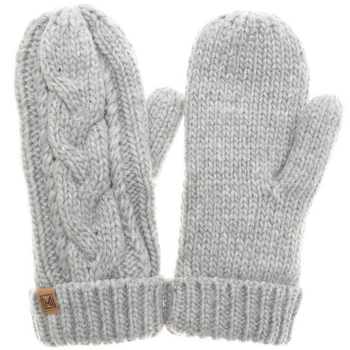 Fleece Lined Cable Knit Mittens - Light Grey