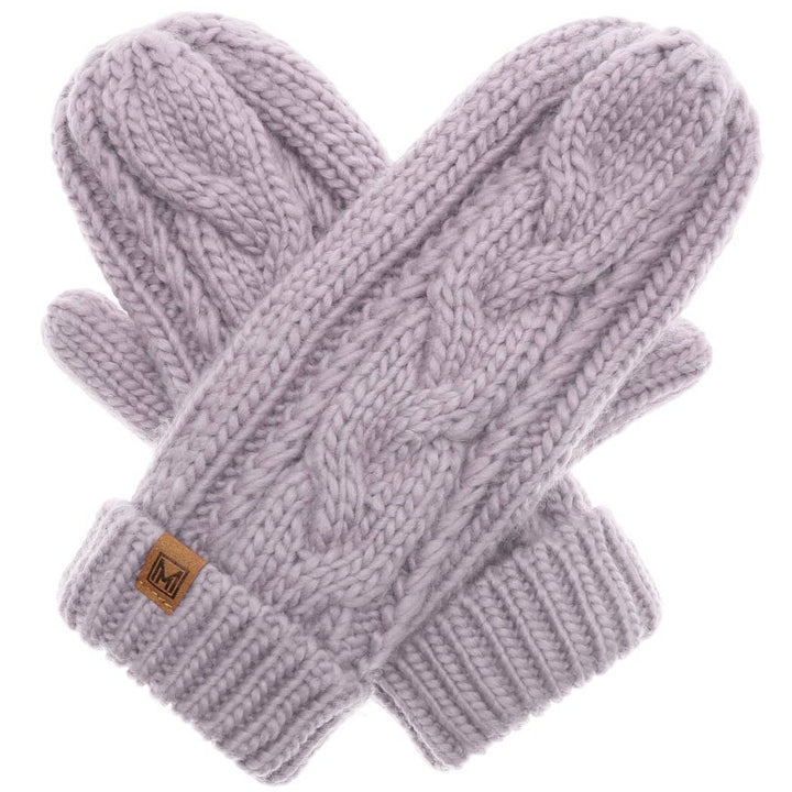 Fleece Lined Cable Knit Mittens - Lavender