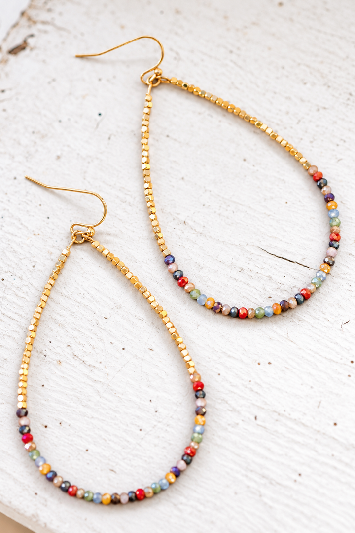Gold Beaded Hollow Drop Earrings with Glass Beads - Multi