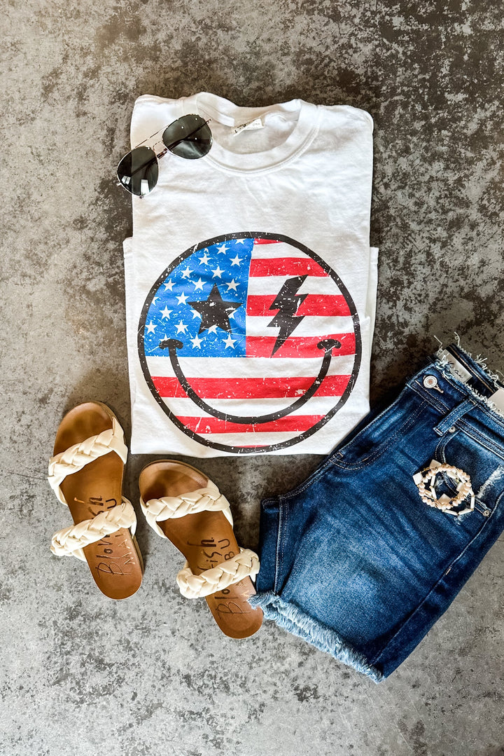 American Flag Happy Face Graphic Tee - White